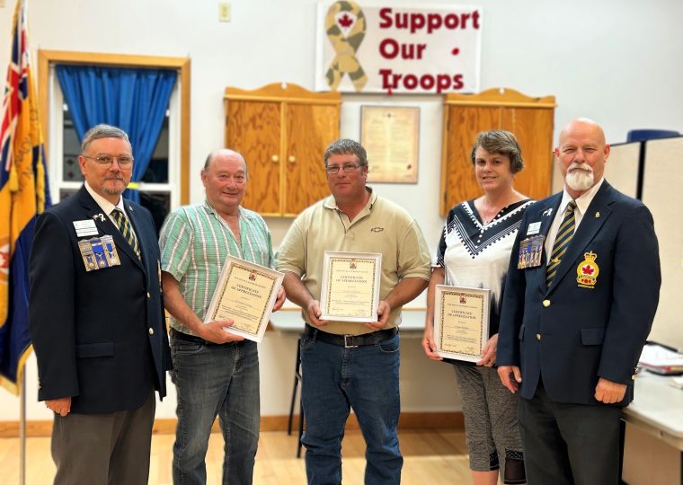 Cdes Norm Capling, Kevin Kaufman, and Tanya Webster are honoured with a Certificate of Appreciation from Zone Comd Steve Rice and Deputy Zone Comd Ed Yates on 25 Sep